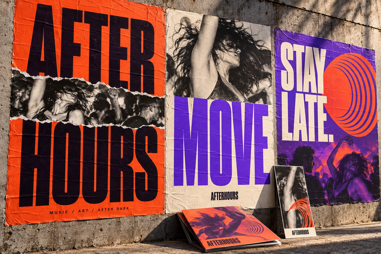 AFTERHOURS festival posters on a concrete wall, with orange and violet typography, dance-floor photographs and printed programmes
