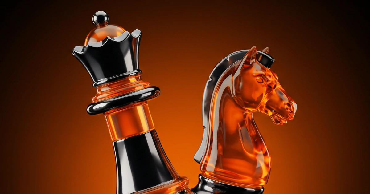 AI-generated black and amber glass chess king and knight against an orange-lit background