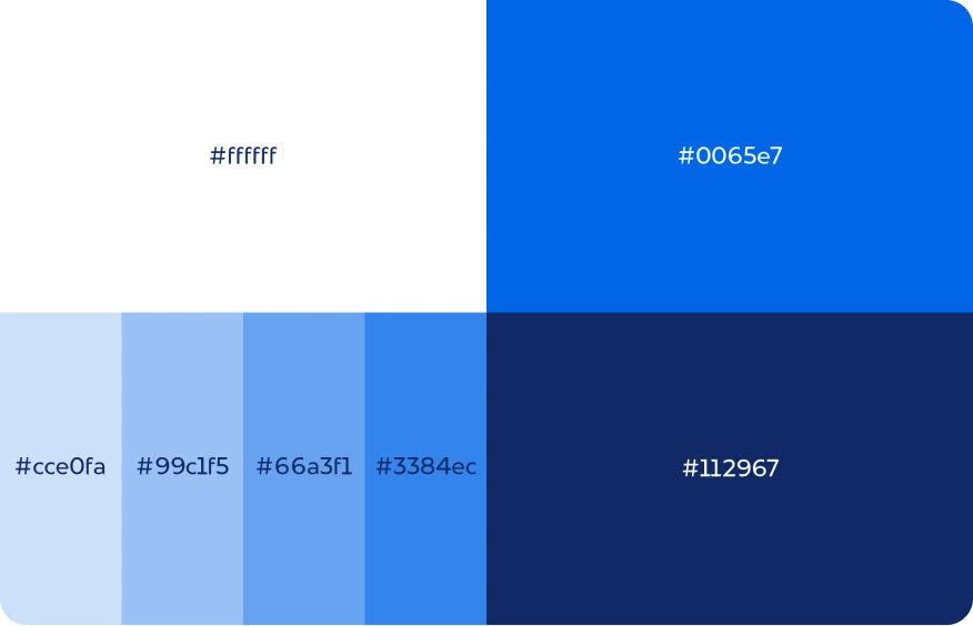 ODER brand palette with white, bright blue, navy and four lighter blue swatches