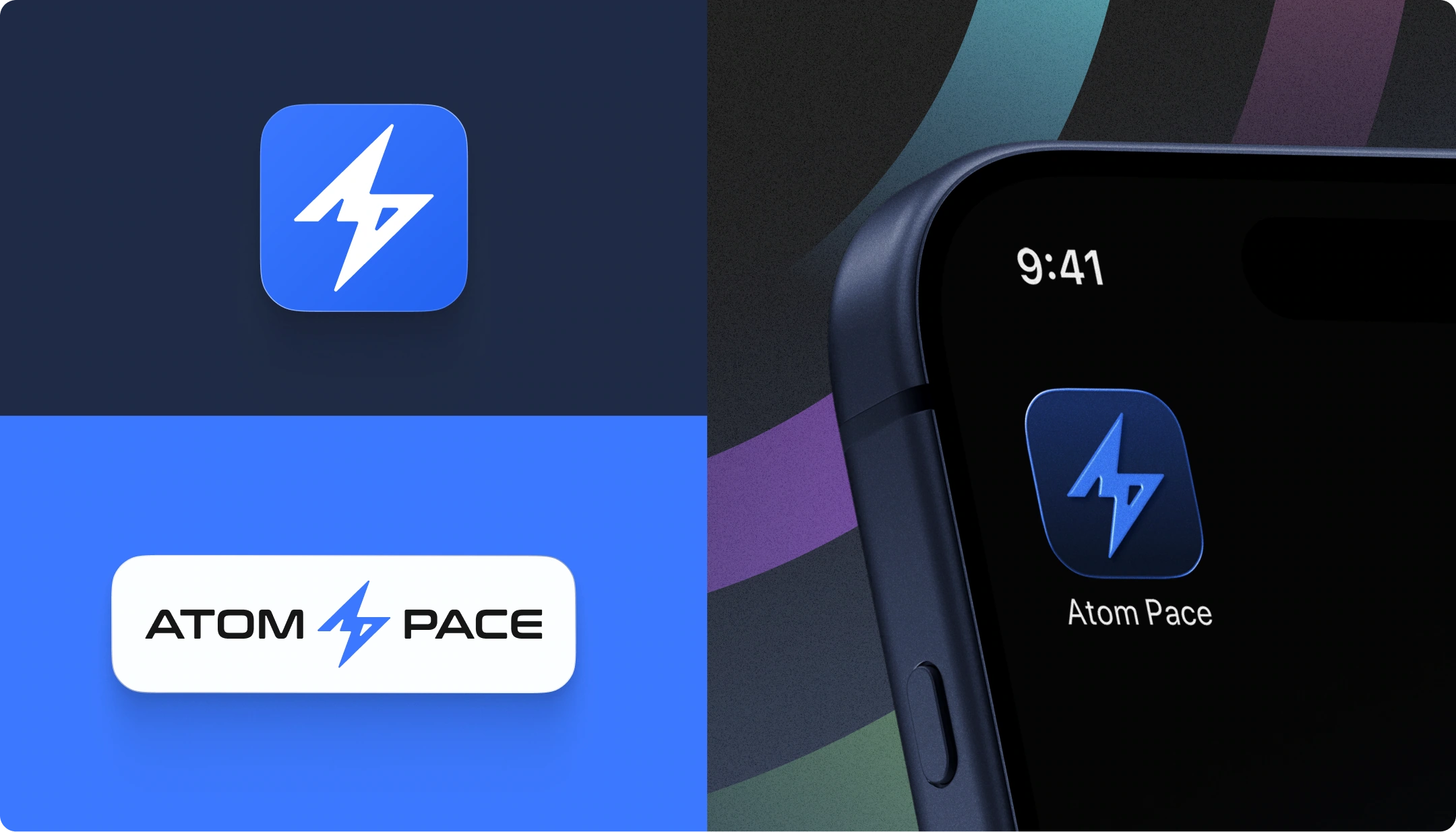 Atom Pace blue app icon, horizontal wordmark and phone splash screen using an angular lightning symbol