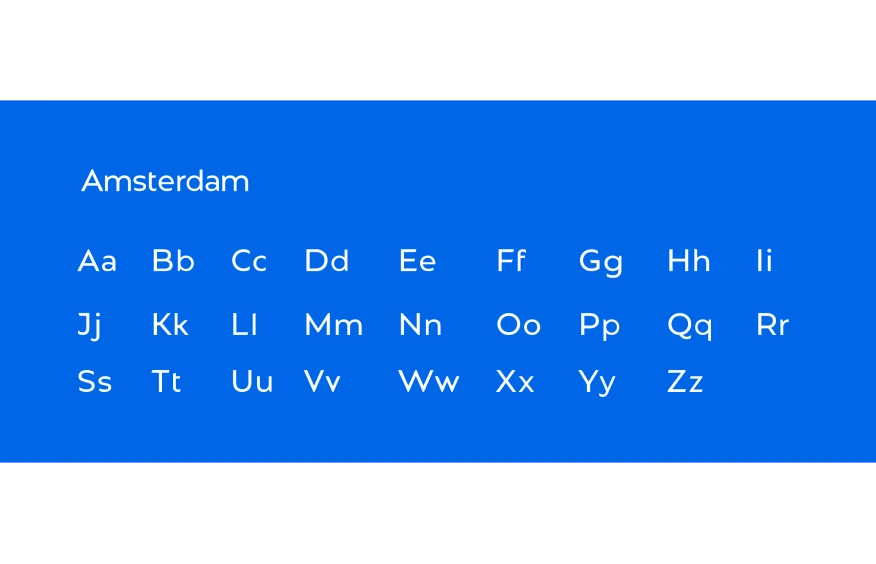 ODER typography specimen showing Amsterdam letterforms in white on a bright blue background
