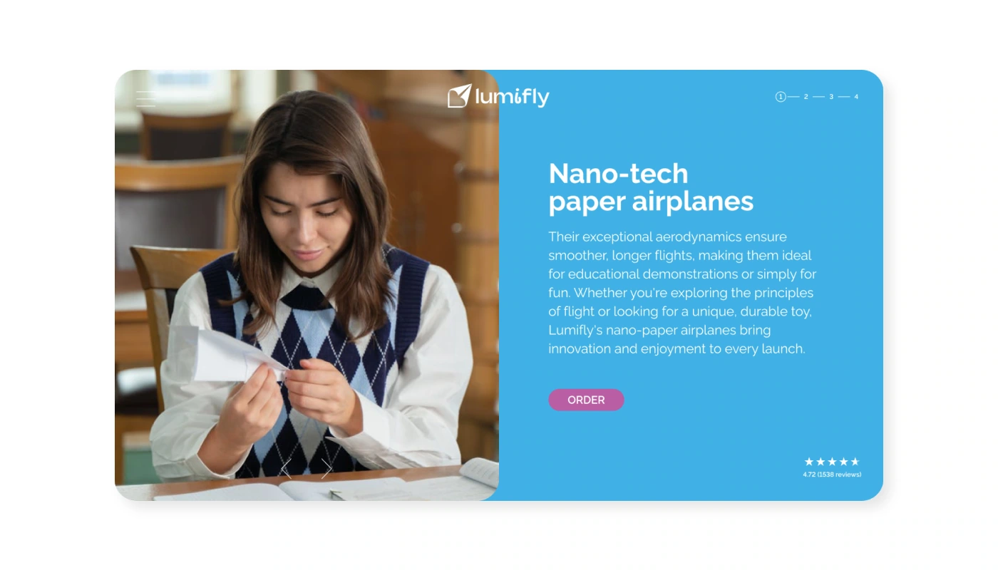 Lumifly website layout with a photograph of a student folding a paper plane and a blue Nano-tech paper airplanes panel