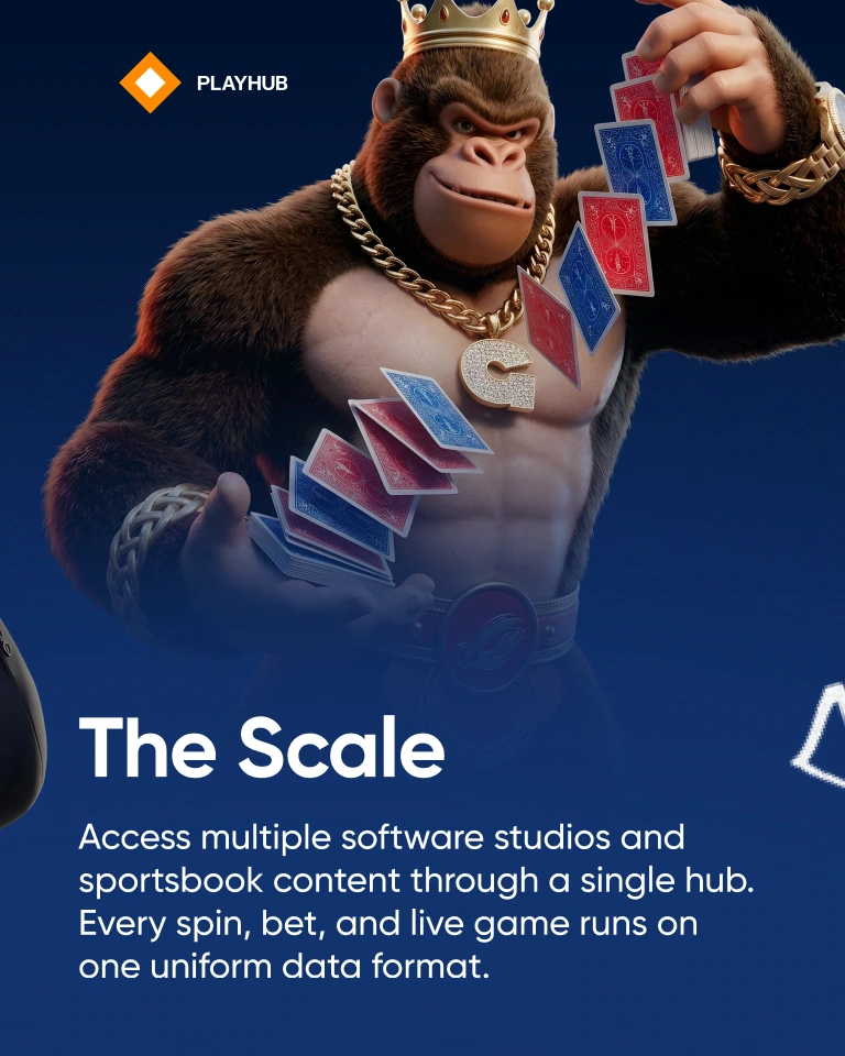Launch carousel slide titled The Scale, with a crowned gorilla fanning playing cards over a navy background