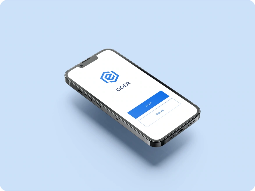 ODER branded mobile sign-in screen displayed on an angled phone against a light blue background