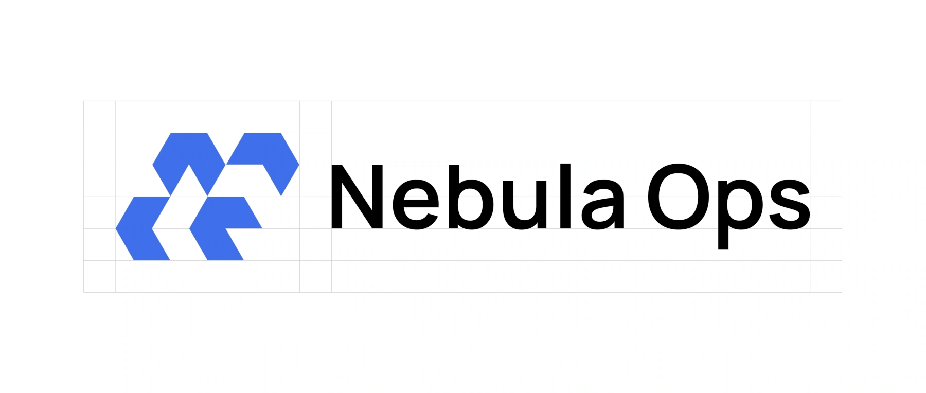 Nebula Ops logo with a blue modular geometric symbol and black wordmark on a construction grid