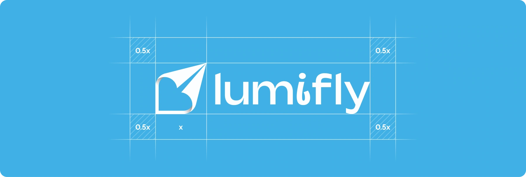 Lumifly horizontal logo with clear-space measurements around the paper-plane symbol and wordmark