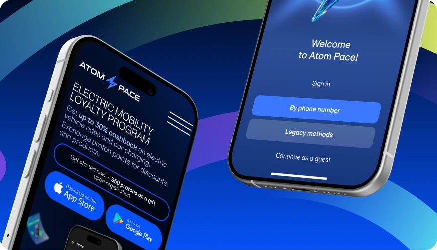 Atom Pace mobile screens showing the electric mobility loyalty programme and sign-in page against blue curved graphics