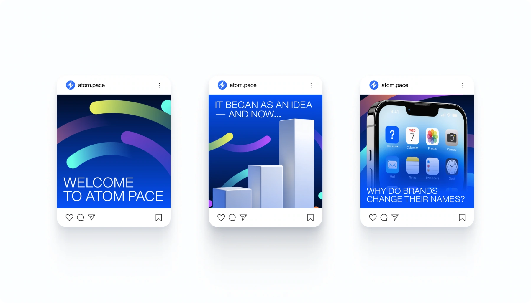 Three Atom Pace social media layouts introducing the app, the brand and the reason for its name