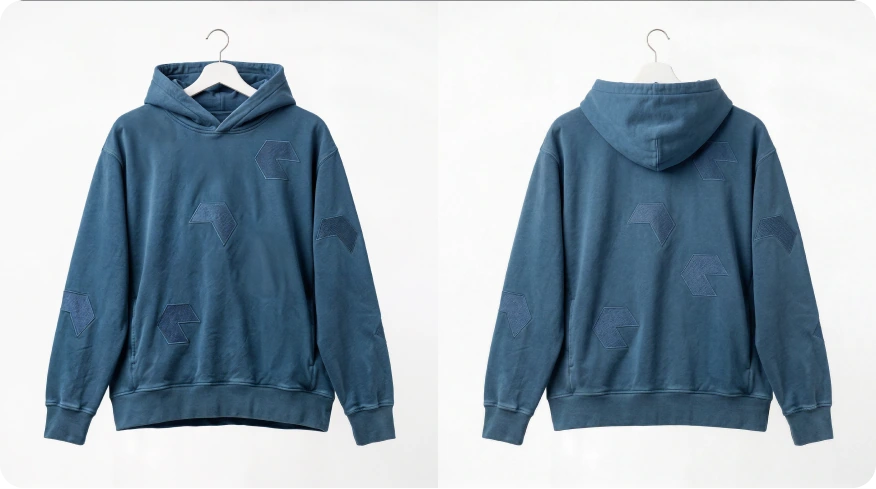 Front and back views of the blue Nebula Ops hoodie on hangers