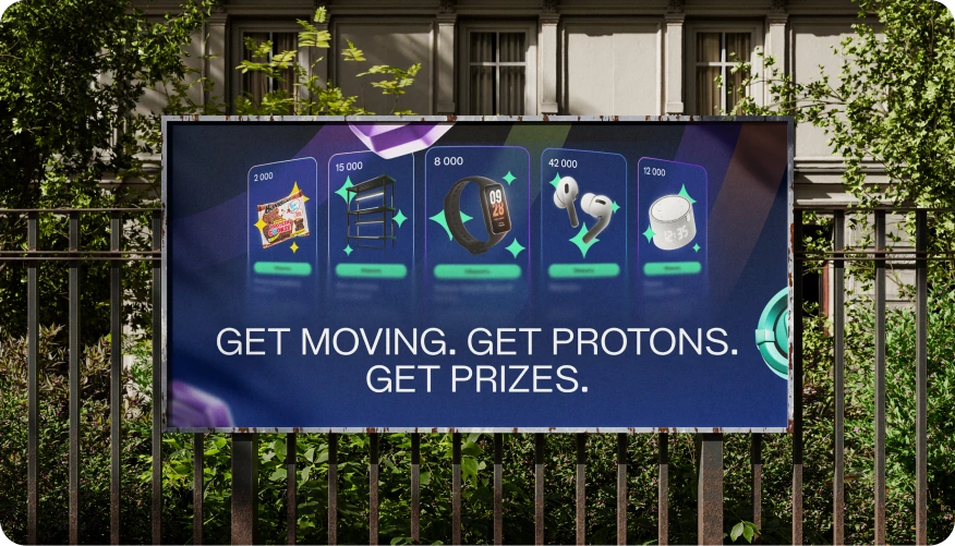 Atom Pace outdoor banner with illustrated reward icons and the message Get moving. Get protons. Get prizes.
