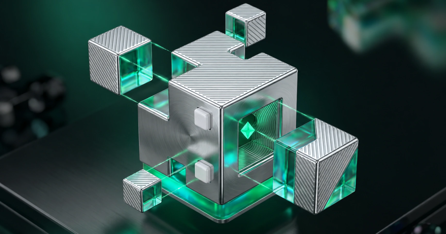 Silver and emerald glass safe surrounded by floating geometric cubes