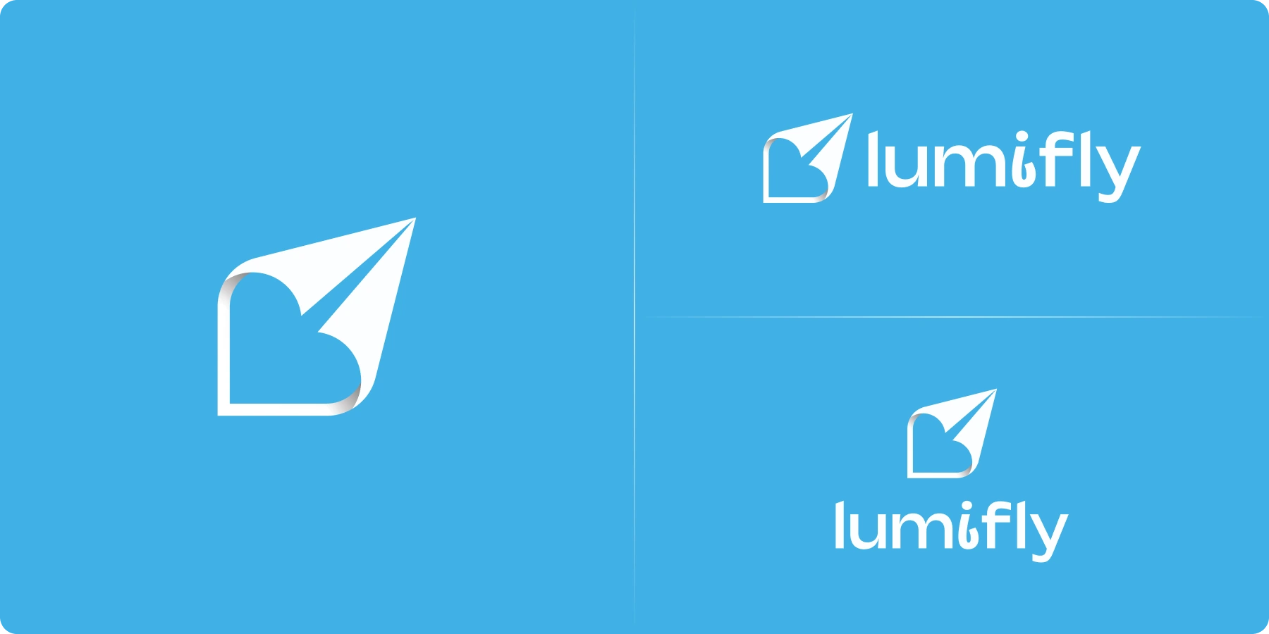 Lumifly white paper-plane and heart symbol with horizontal and stacked wordmarks on a blue background