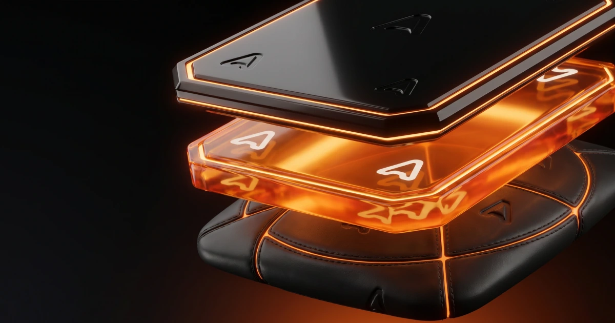 AI-generated black and amber playing cards stacked above a dark pedestal with orange edge lighting