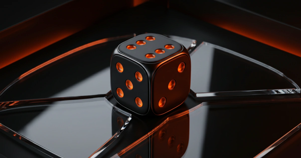 AI-generated black metallic die with glowing orange pips on a reflective dark surface