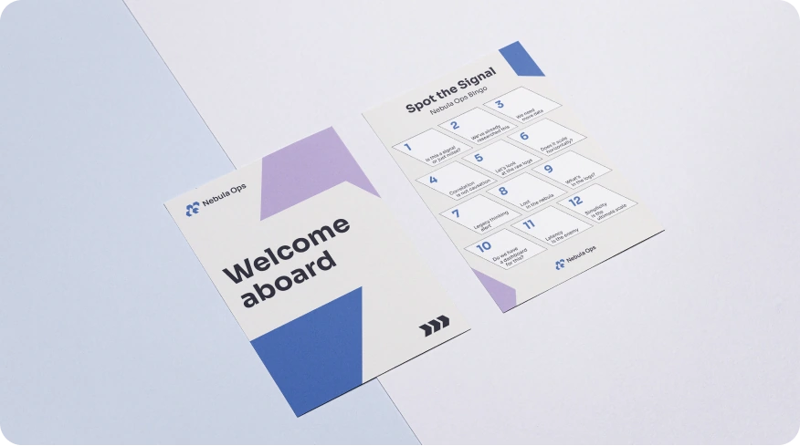 Nebula Ops Welcome aboard card and Meet the Squad sheet with blue and lavender geometric graphics