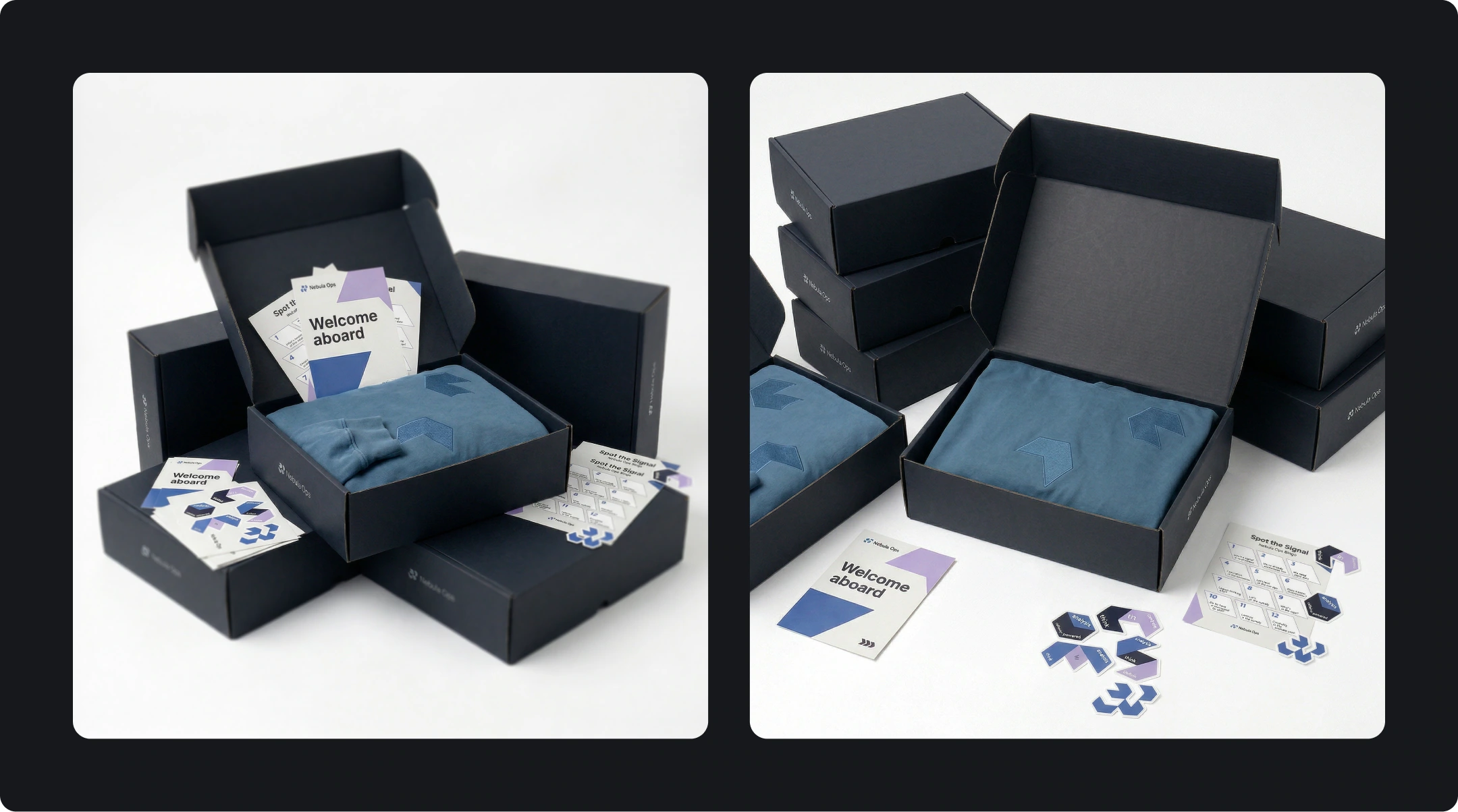 Two views of the Nebula Ops welcome kit showing navy packaging, a blue hoodie, welcome cards and stickers