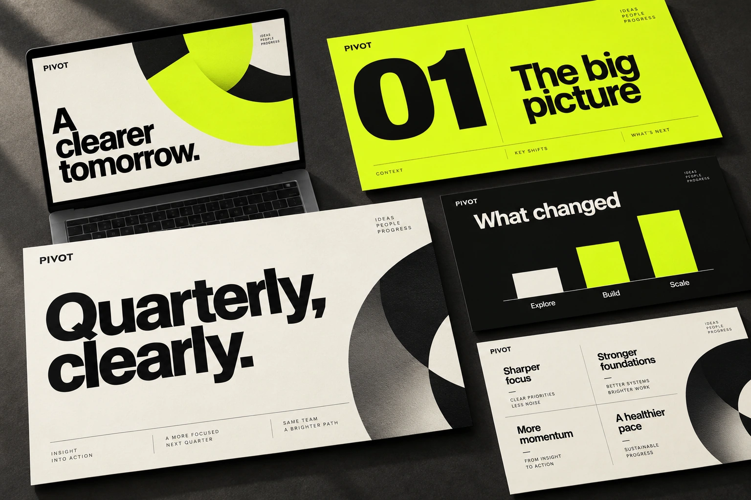 PIVOT quarterly review presentation across a laptop and printed slides, with bold black typography, lime accents and bar charts