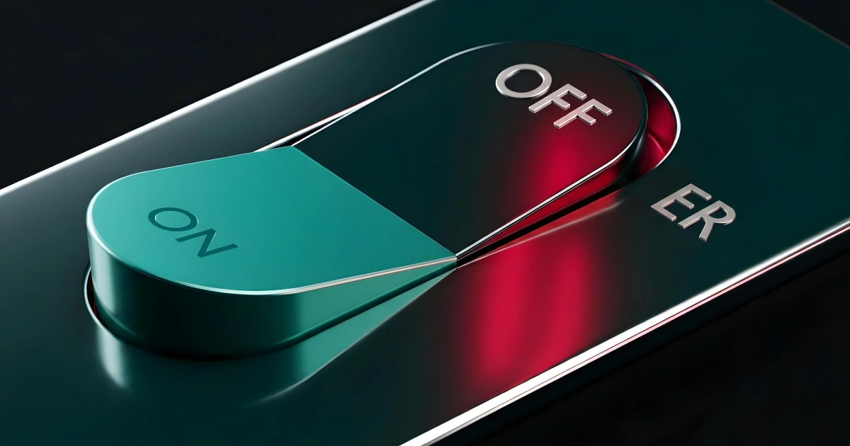 AI-generated iGaming campaign image of a metallic on-off switch with teal and red lighting