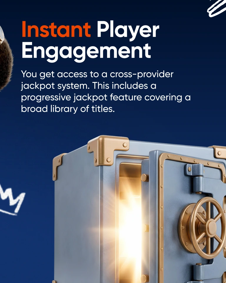 Launch carousel slide about player engagement, combining white and orange text with an open glowing safe