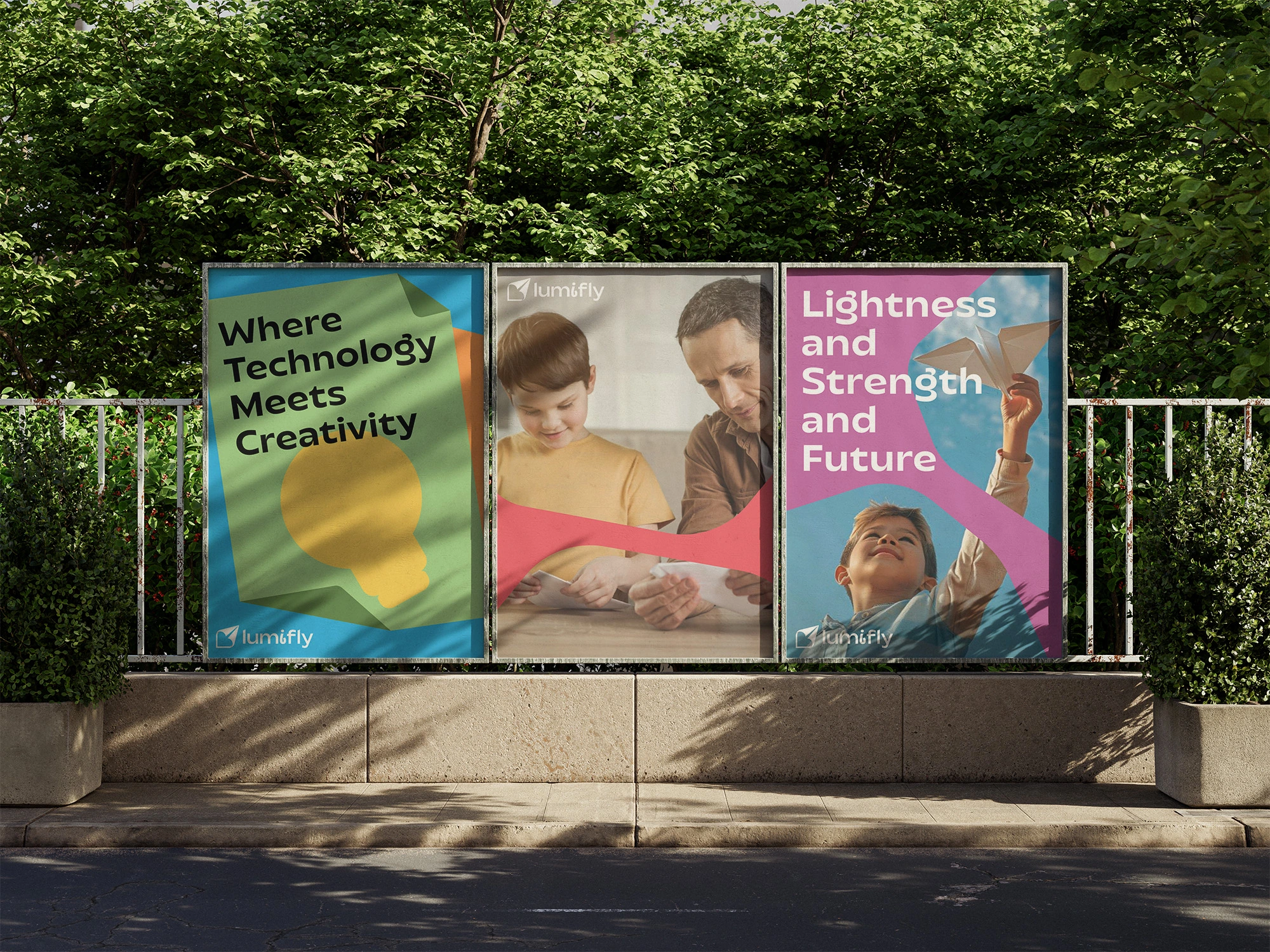 Three Lumifly outdoor posters combining colourful paper-plane graphics with photographs of people making and flying planes