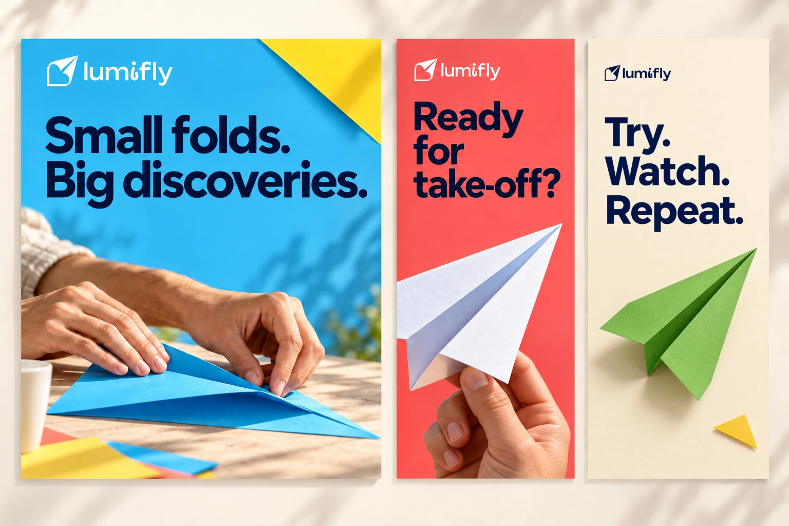 Three Lumifly campaign posters: hands folding a blue plane, a hand holding a white plane and a green plane beside Try. Watch. Repeat.