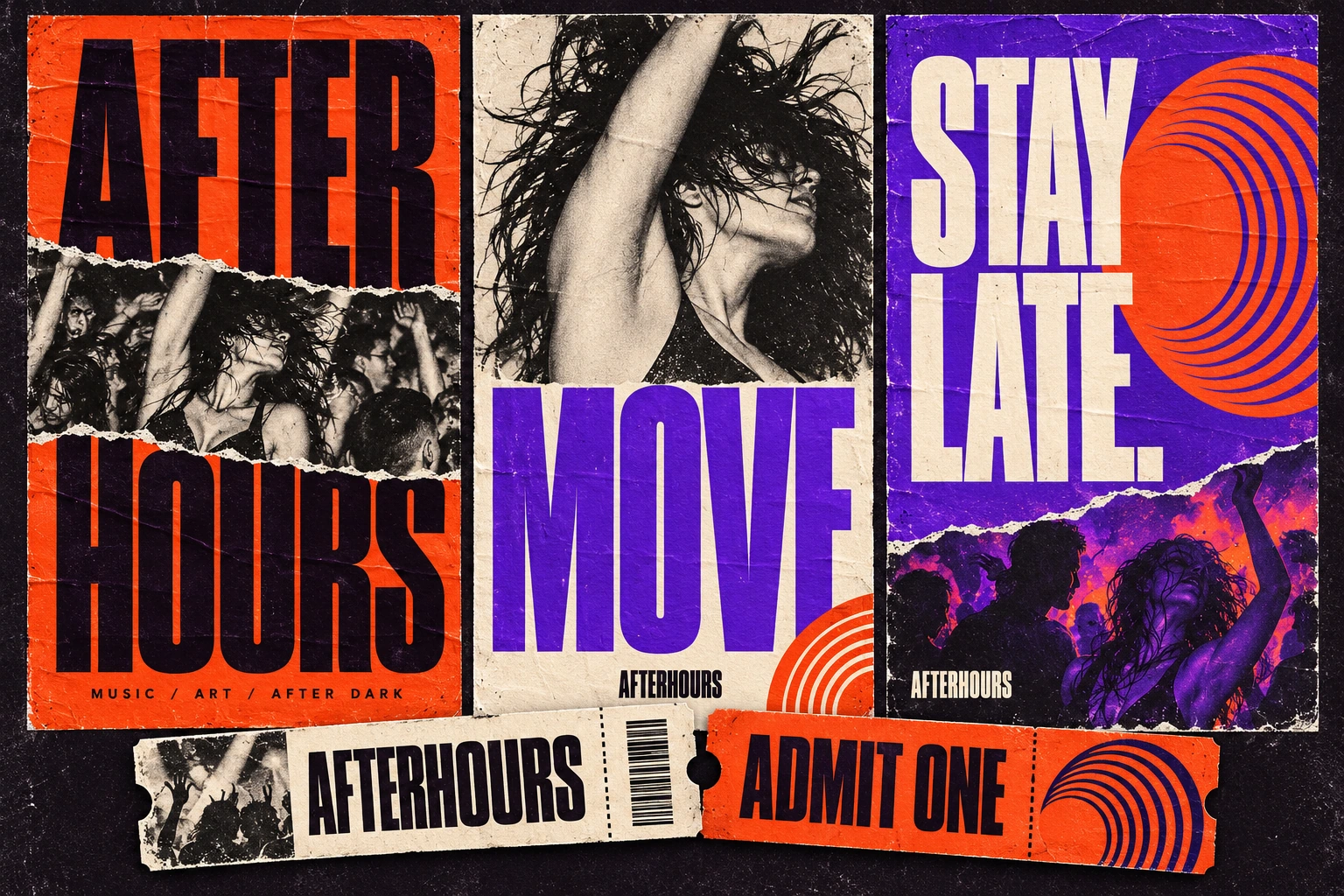 AFTERHOURS campaign layout with three posters, a mobile social format and Admit One tickets using condensed type and circular graphics