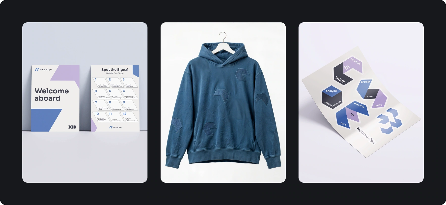 Nebula Ops welcome-kit applications: printed cards, a blue hoodie and a sheet of geometric stickers