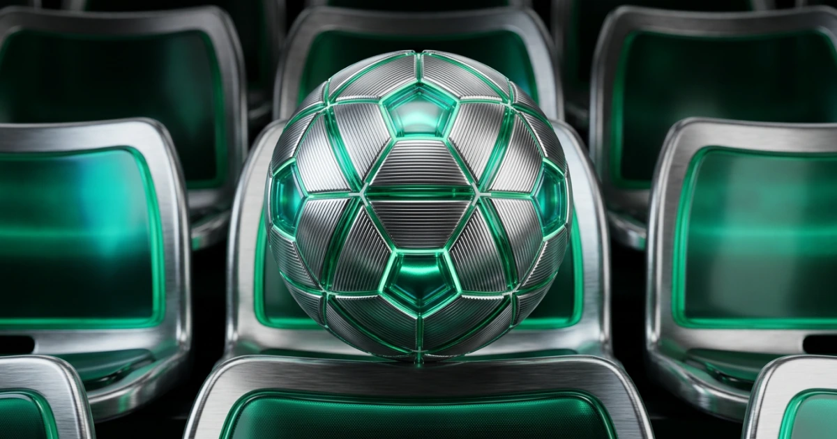 AI-generated chrome and emerald football displayed among metallic stadium seats