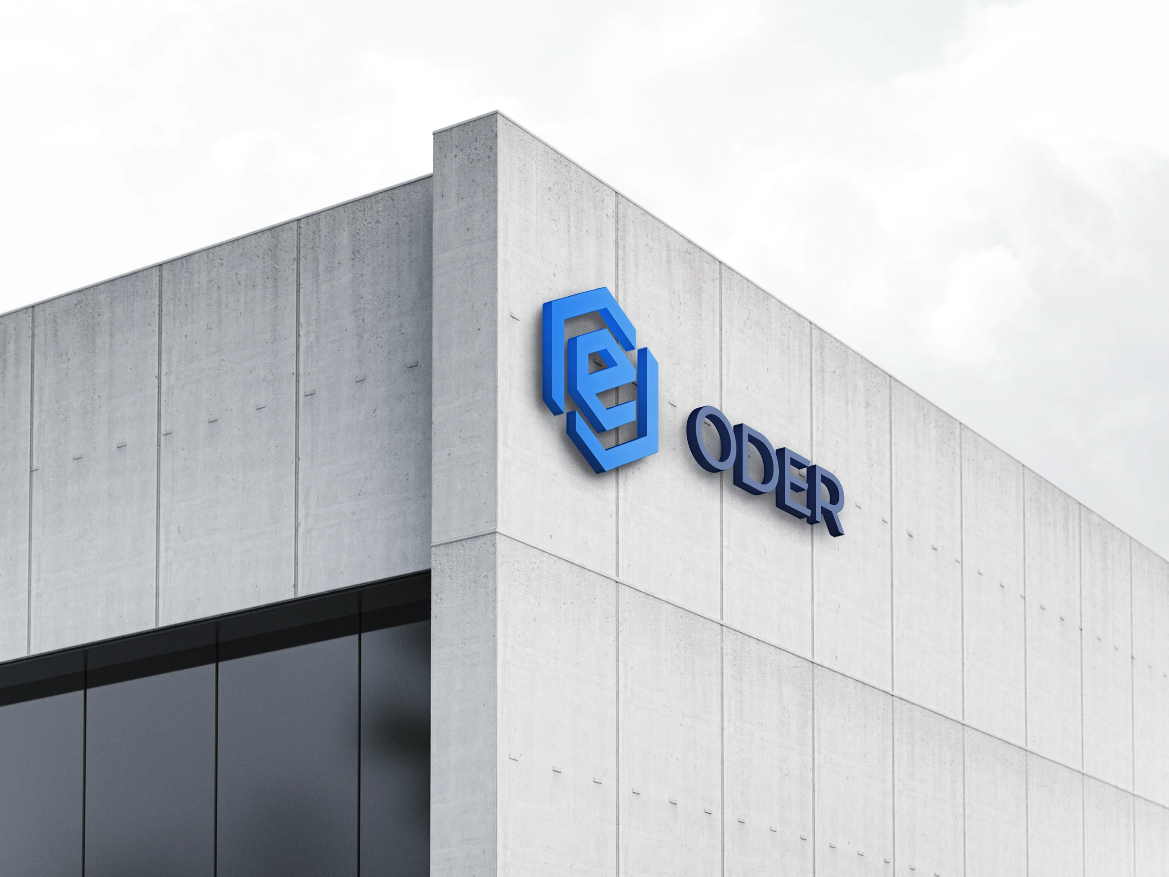 ODER blue geometric logo and wordmark mounted on the corner of a concrete office building